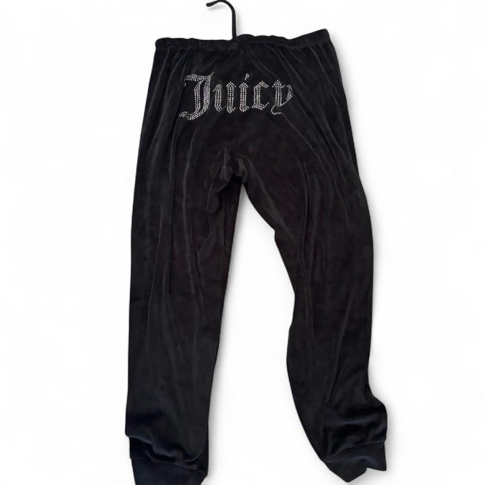 Juicy Couture black velour jogger sweatpants featuring sparkling "Juicy" logo